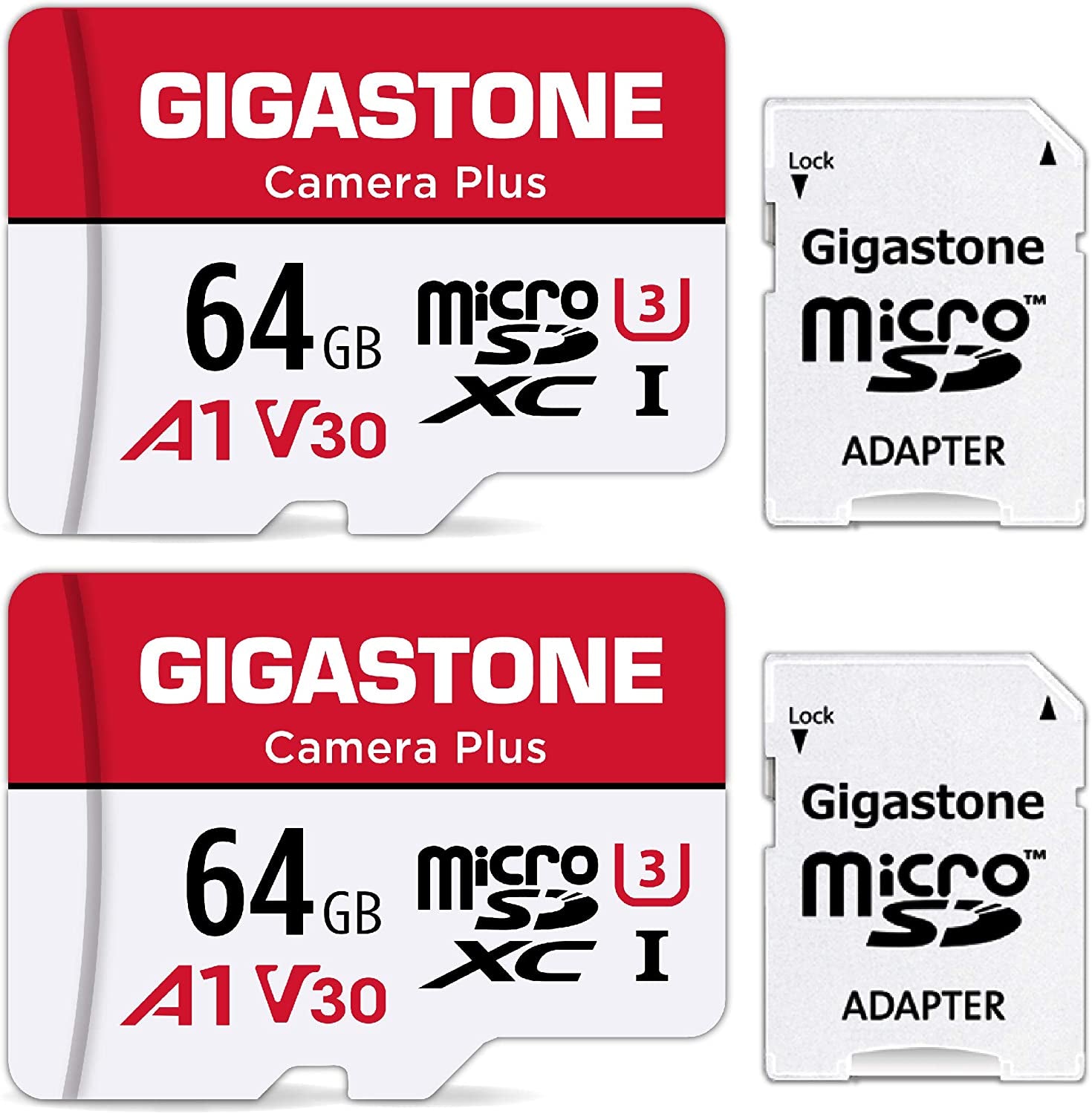 64GB Micro SD Card 2-Pack, Camera Plus, Microsdxc Memory Card for Wyze Cam, Security Camera, Smartphone, Fire Tablet, 4K Video Recording, UHS-I U3 A1 V30, 95Mb/S, with Adapte