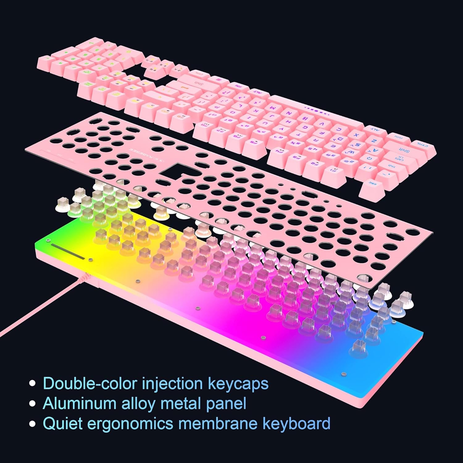 GT838 Gaming Keyboard and Mouse Combo, 104 Keys RGB Backlit Quiet Wired Keyboards for Laptop PC MAC, with Number Pad, Metal Panel, Anti-Ghosting, Pink